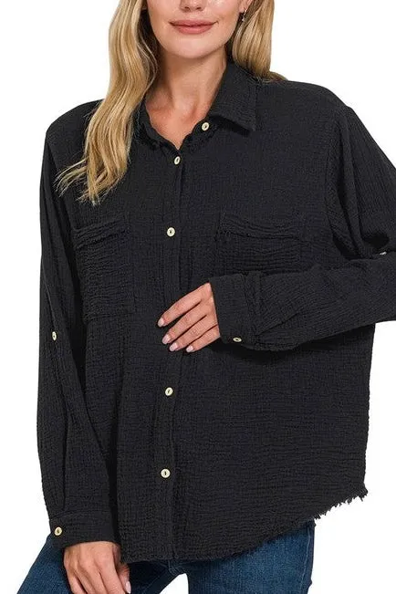 Black Gauze Button Down Shirt