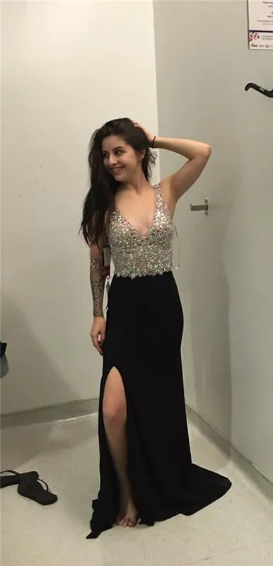 black long prom dress, side slit prom dress, v-neck prom dress, beaded prom dress, charming evening dress, BD136