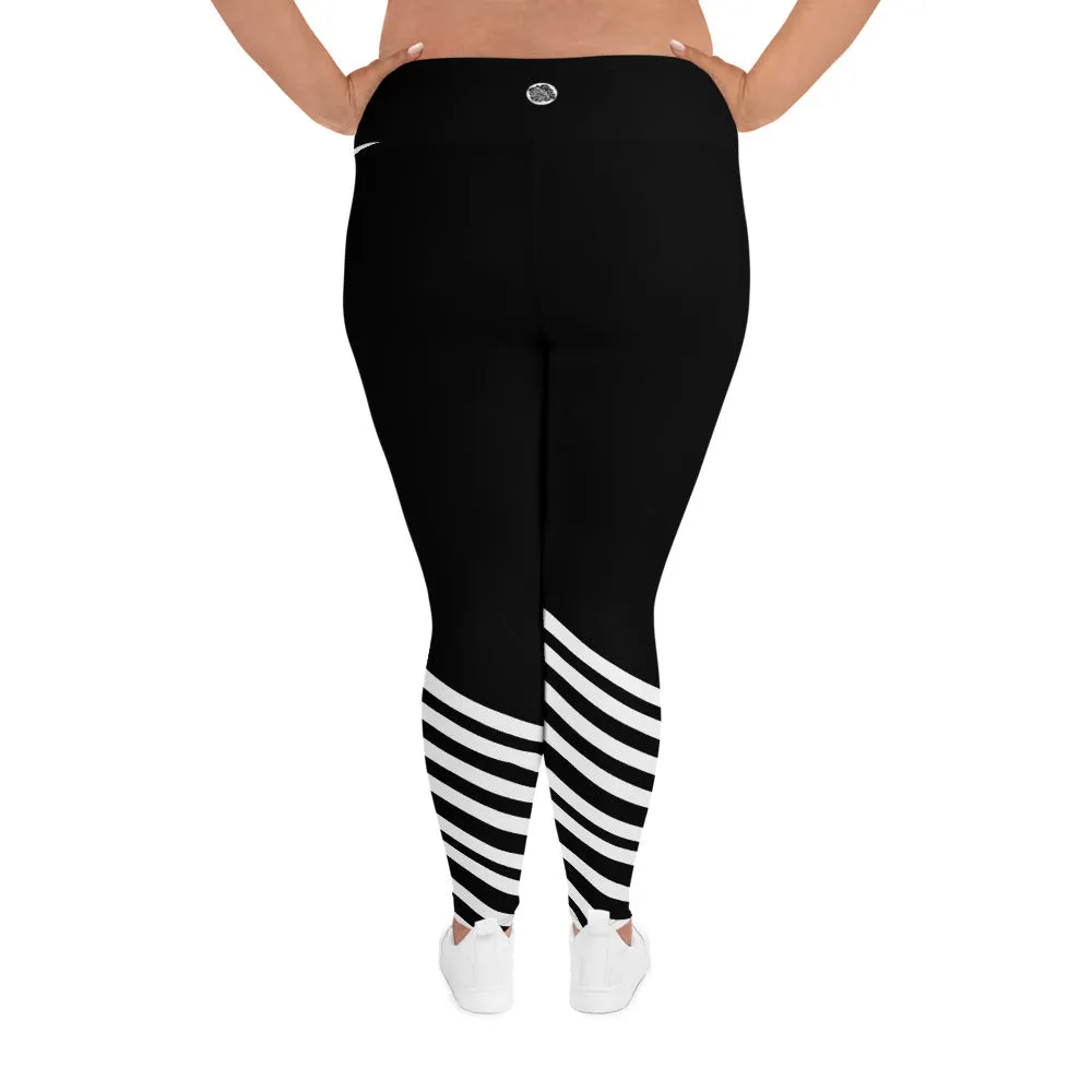 Black Striped Plus Size leggings, Diagonal Stripe Women's Long Tights-Made in USA/EU