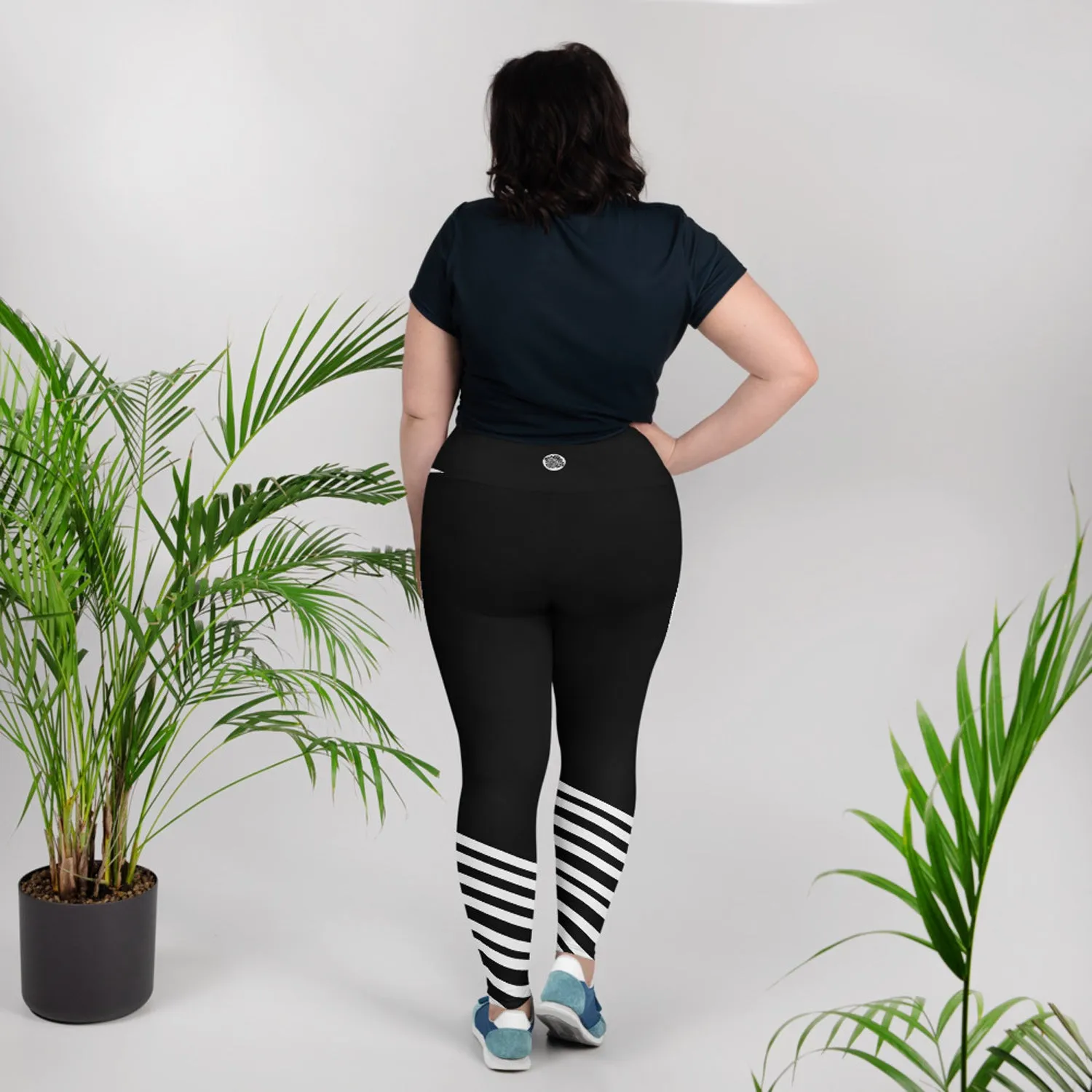 Black Striped Plus Size leggings, Diagonal Stripe Women's Long Tights-Made in USA/EU