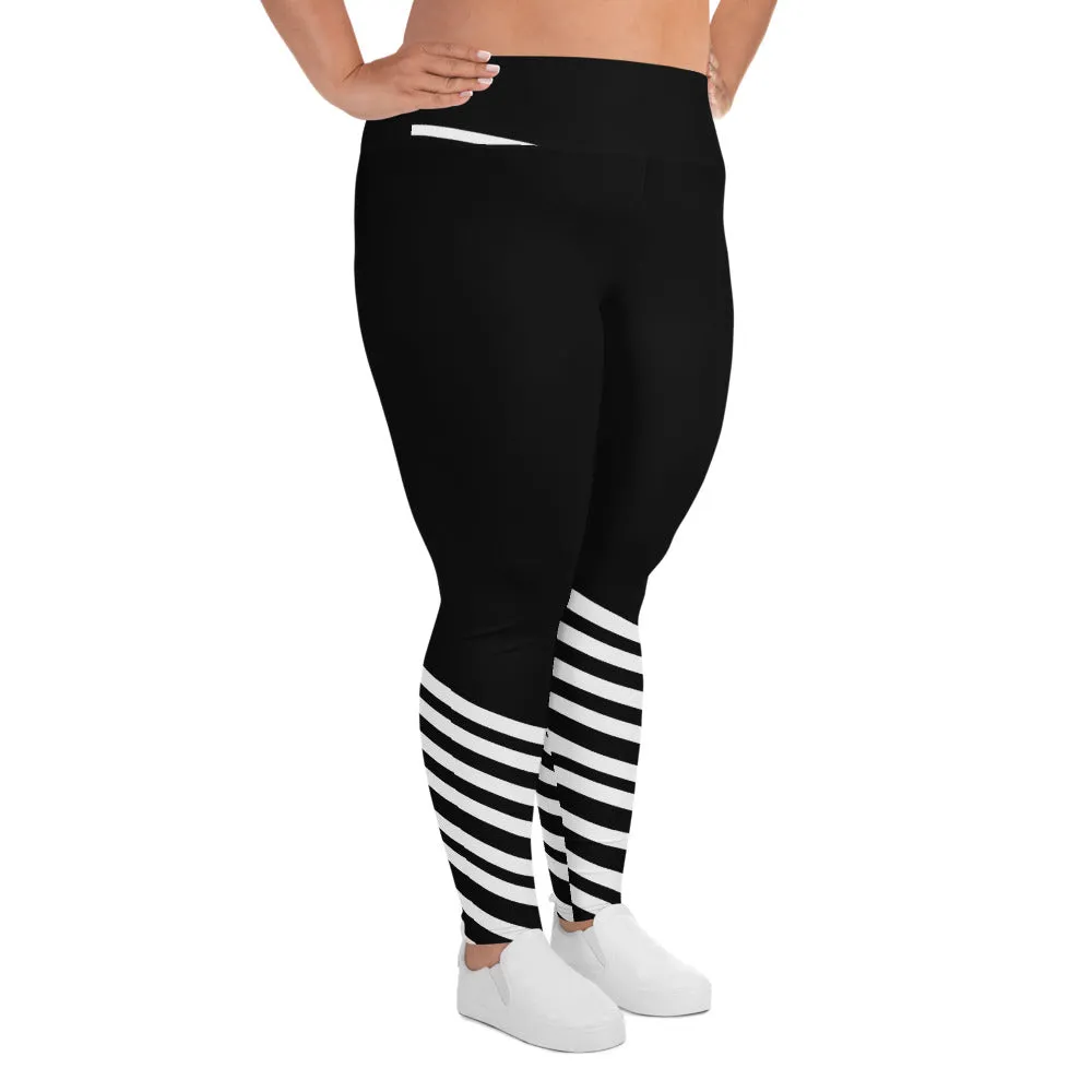 Black Striped Plus Size leggings, Diagonal Stripe Women's Long Tights-Made in USA/EU