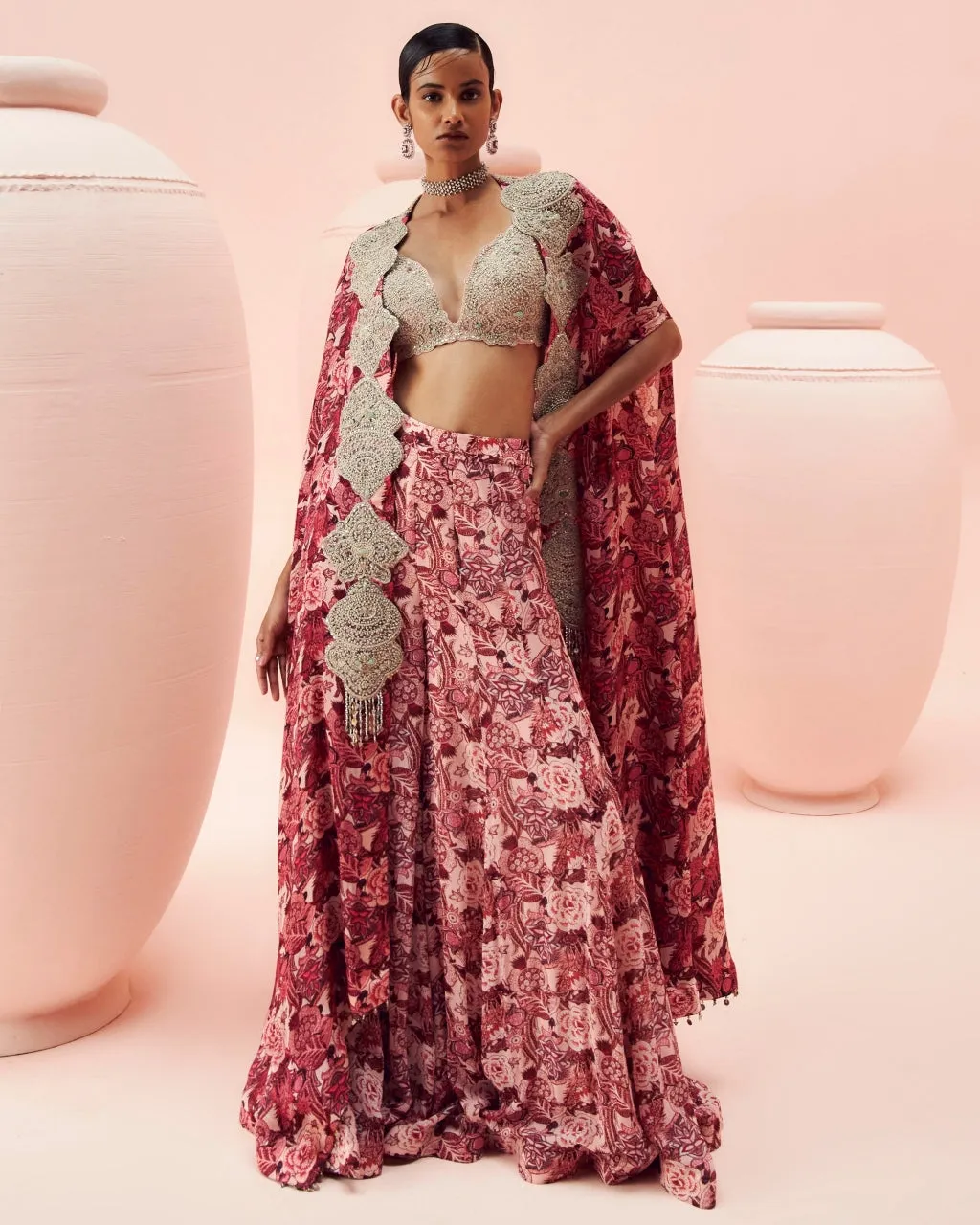 Blush Abstract Floral Flared Pants And Cape Set