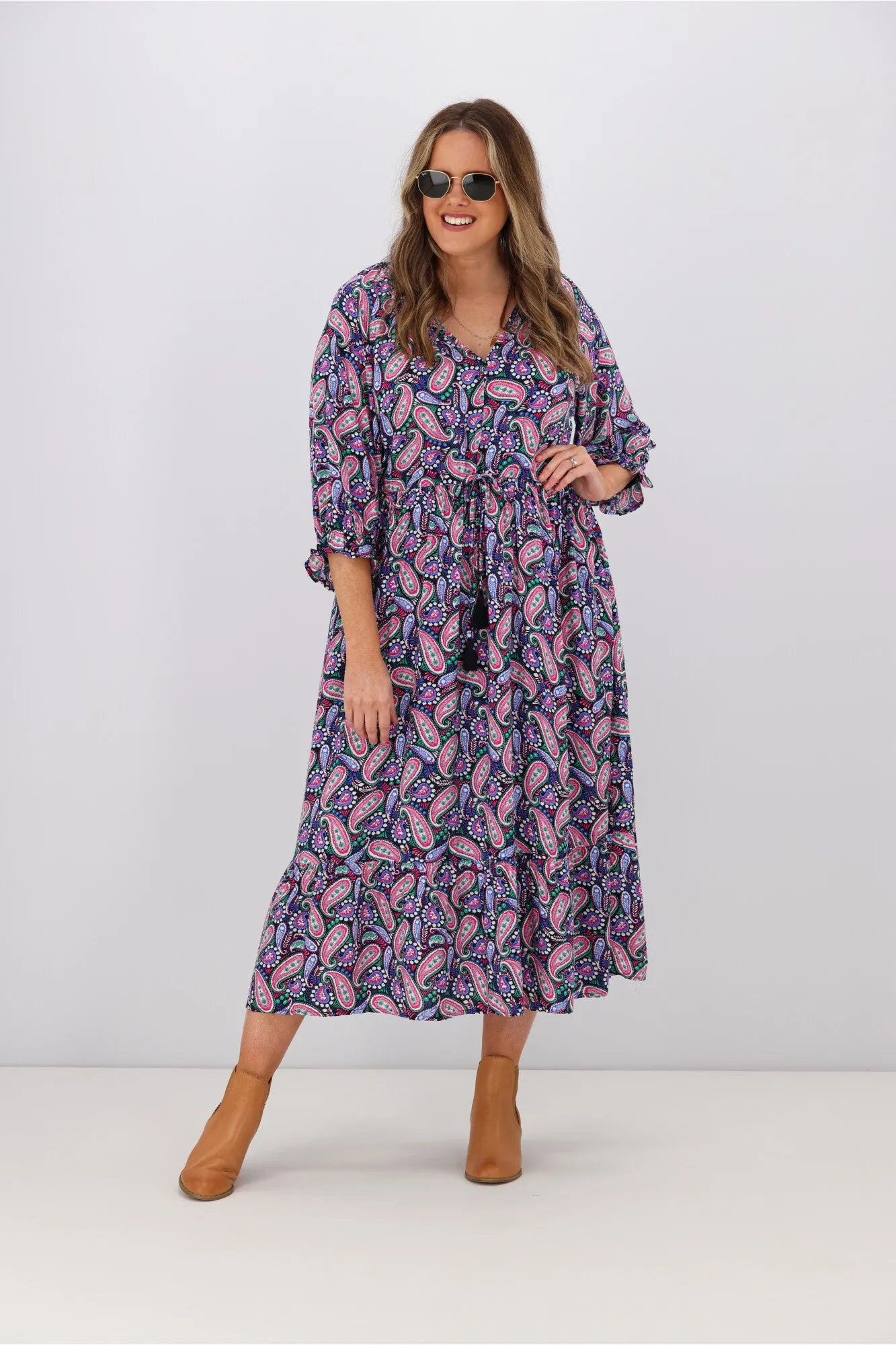 Boho Australia Theodora Dress Navy Pink Paisley