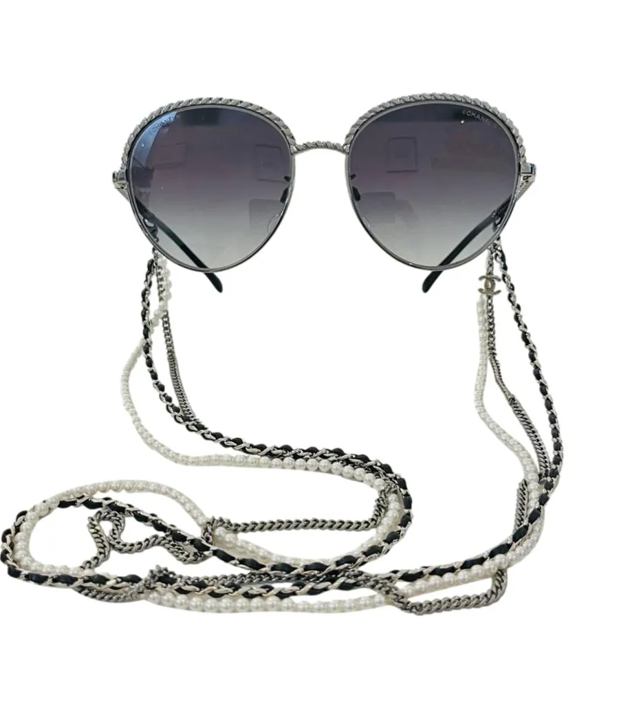 Chanel Pearl Trim Sunglasses With Pearl, Chain & Leather Straps