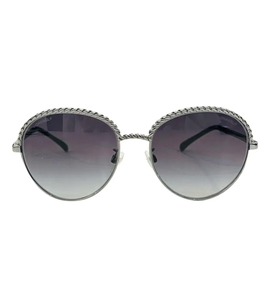 Chanel Pearl Trim Sunglasses With Pearl, Chain & Leather Straps