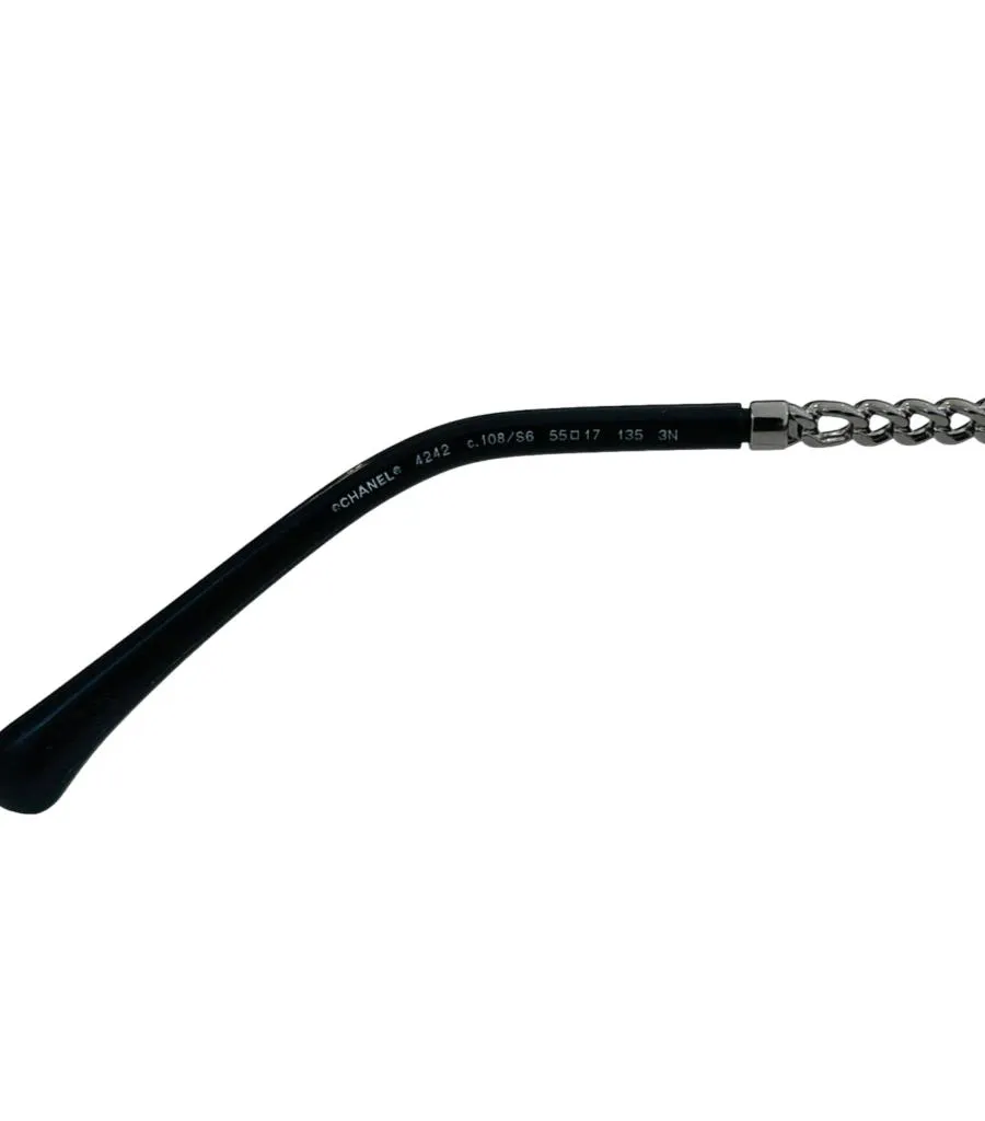 Chanel Pearl Trim Sunglasses With Pearl, Chain & Leather Straps