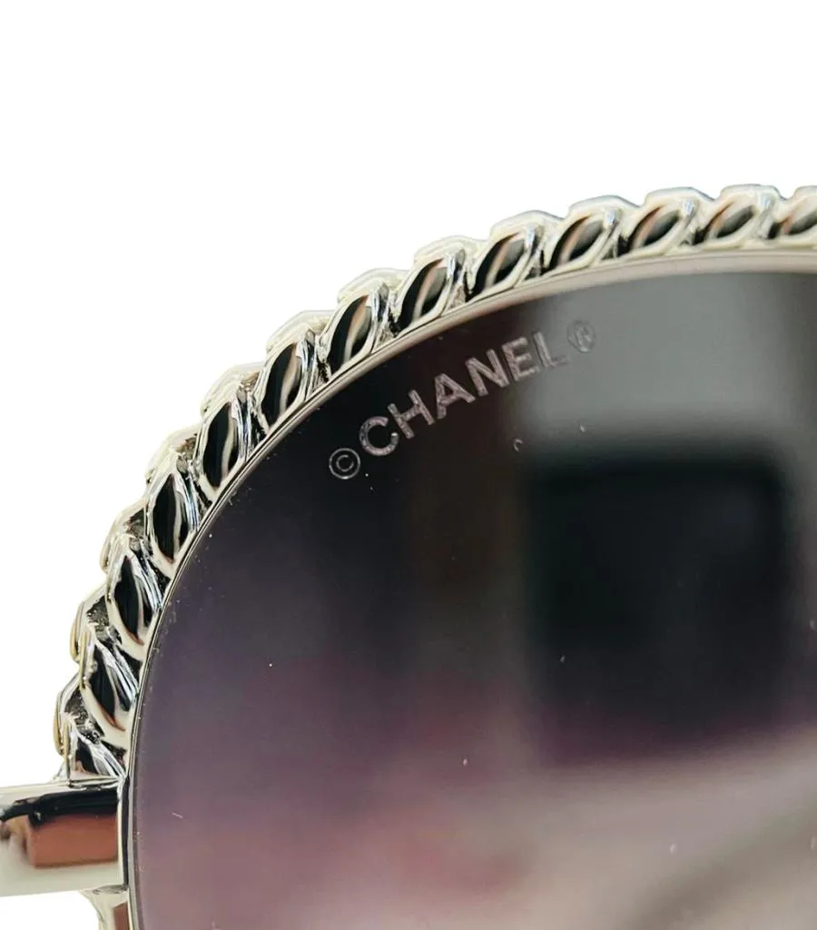 Chanel Pearl Trim Sunglasses With Pearl, Chain & Leather Straps