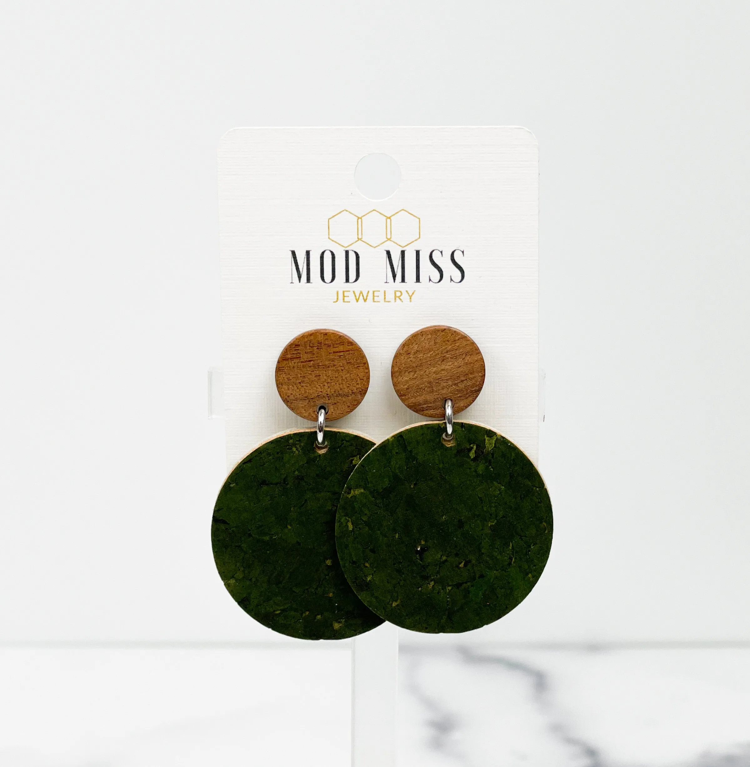 Cork Leather Round Earring Green