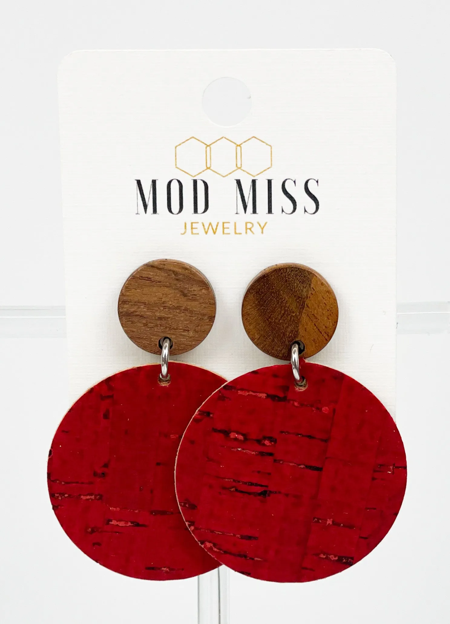 Cork Leather Round Earring Red 