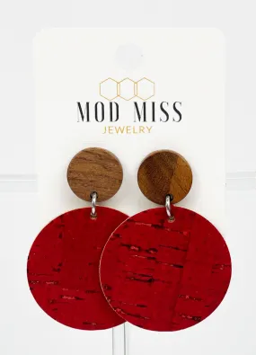 Cork Leather Round Earring Red 