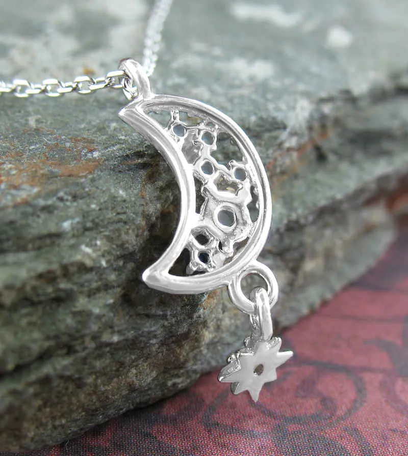 Crescent Moon And Dangling Star Necklace with Cubic Zirconia