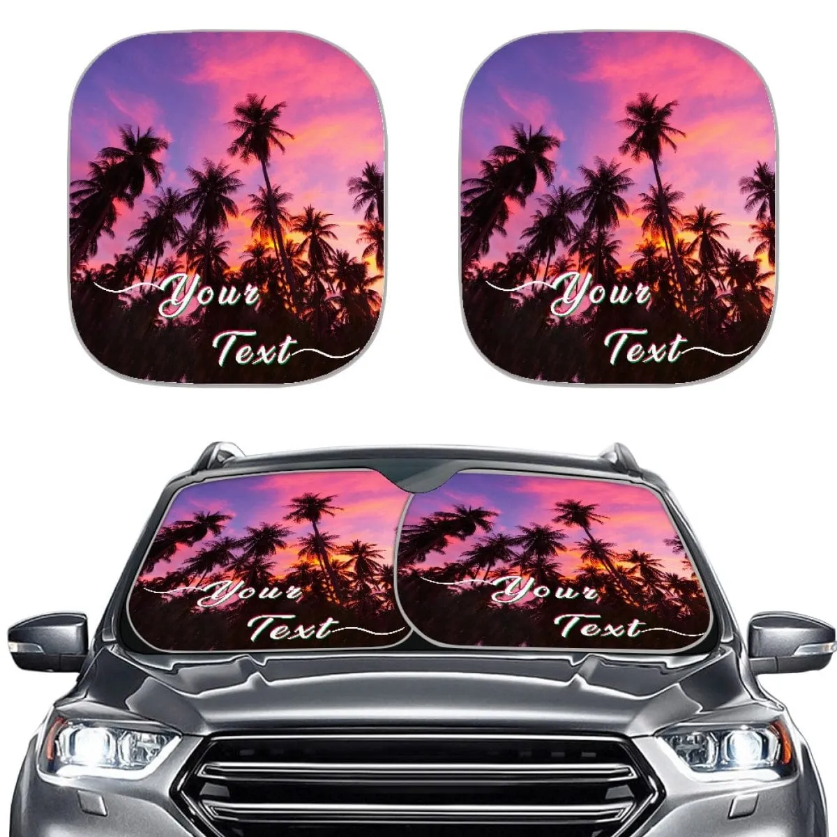 Custom Text Tropical Beach Palm Trees Car Windshield Sun Shade 2-Piece Personalized Car Front Sunshade