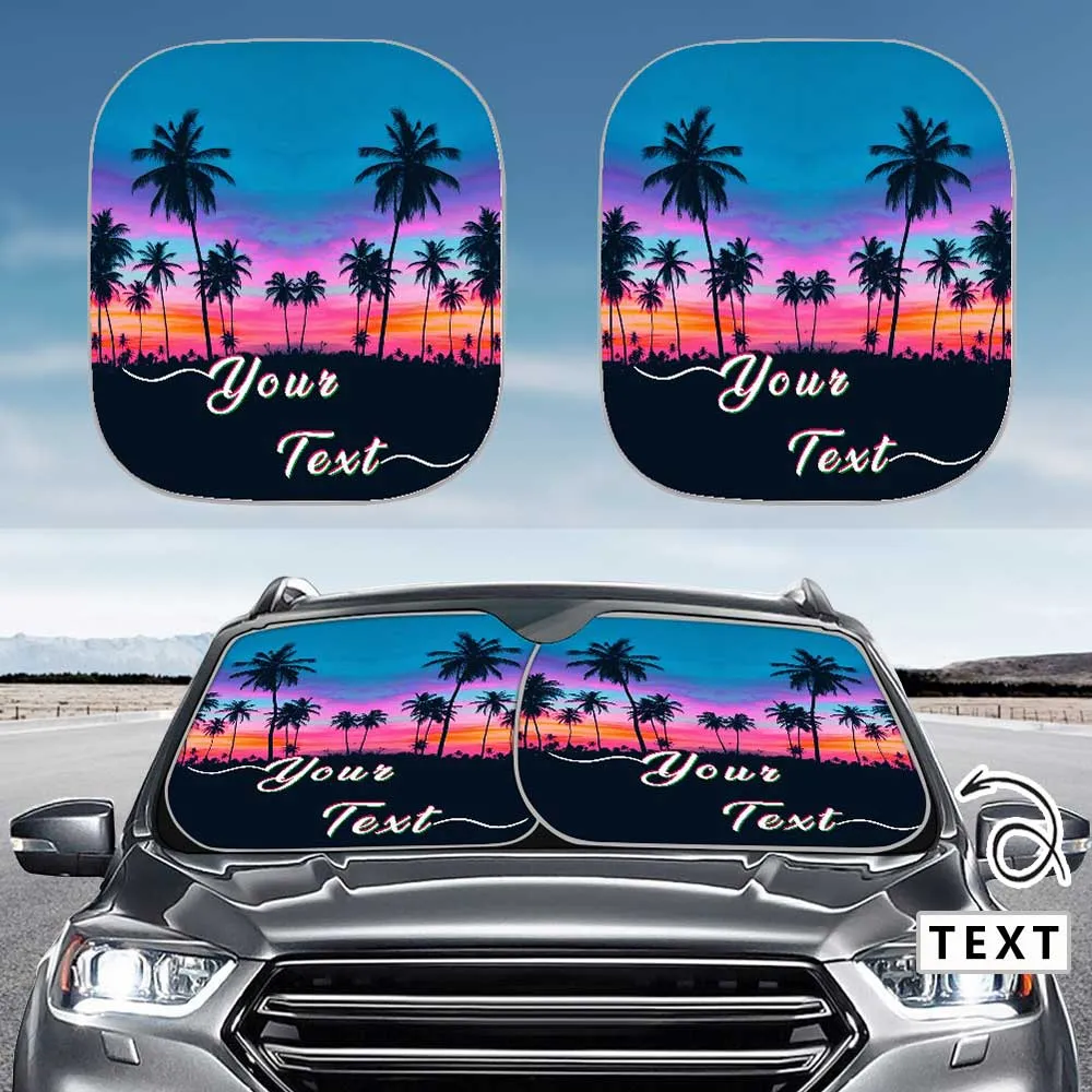 Custom Text Tropical Beach Palm Trees Car Windshield Sun Shade 2-Piece Personalized Car Front Sunshade