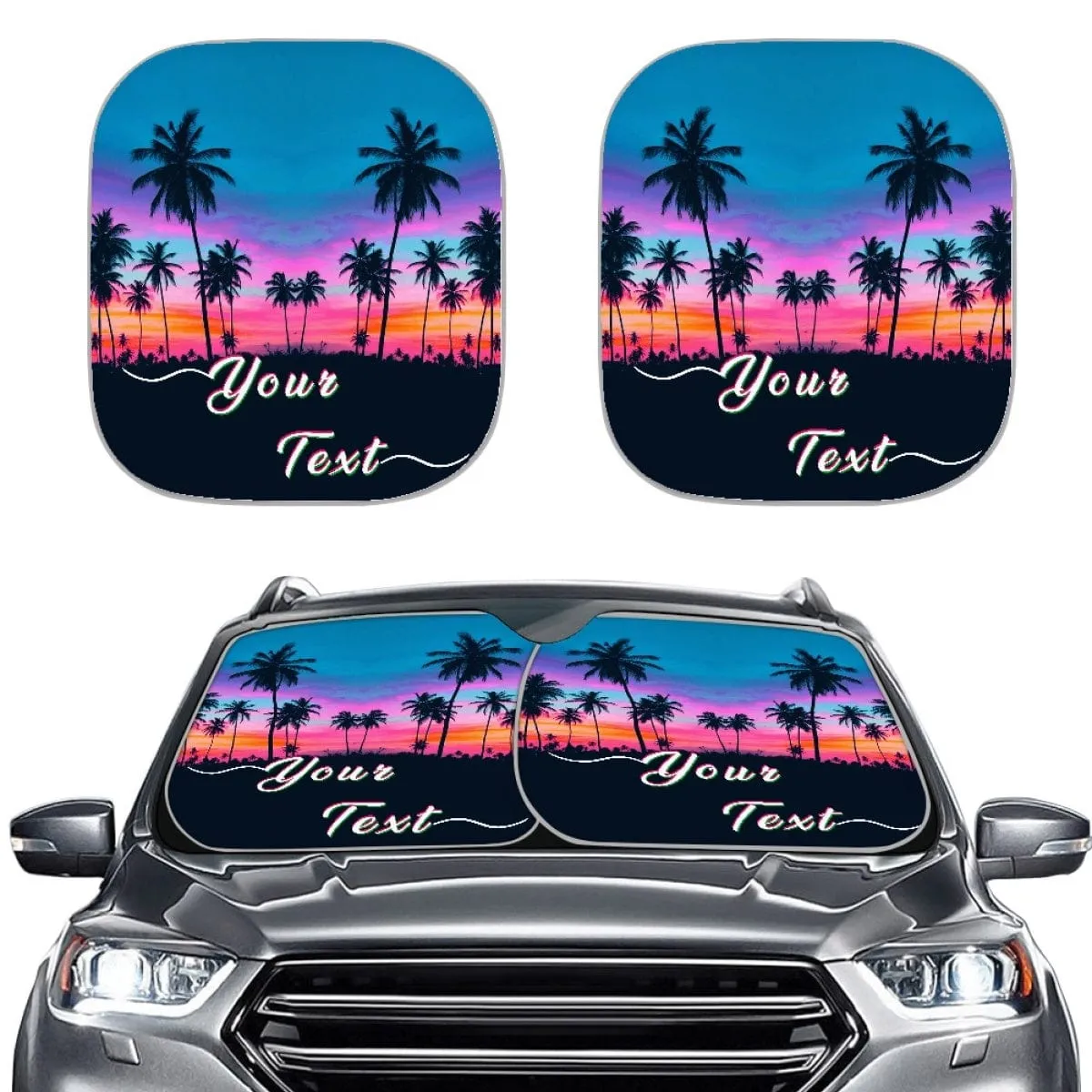 Custom Text Tropical Beach Palm Trees Car Windshield Sun Shade 2-Piece Personalized Car Front Sunshade