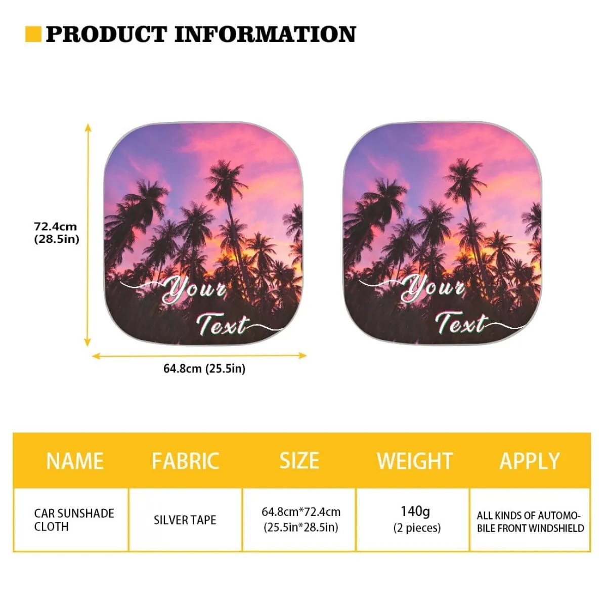 Custom Text Tropical Beach Palm Trees Car Windshield Sun Shade 2-Piece Personalized Car Front Sunshade