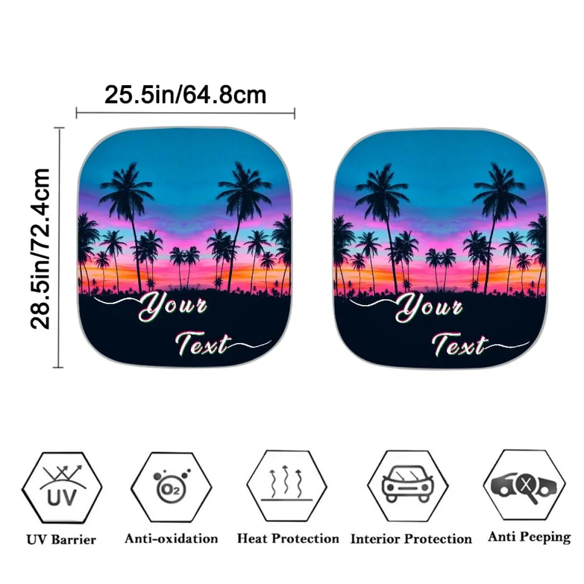 Custom Text Tropical Beach Palm Trees Car Windshield Sun Shade 2-Piece Personalized Car Front Sunshade