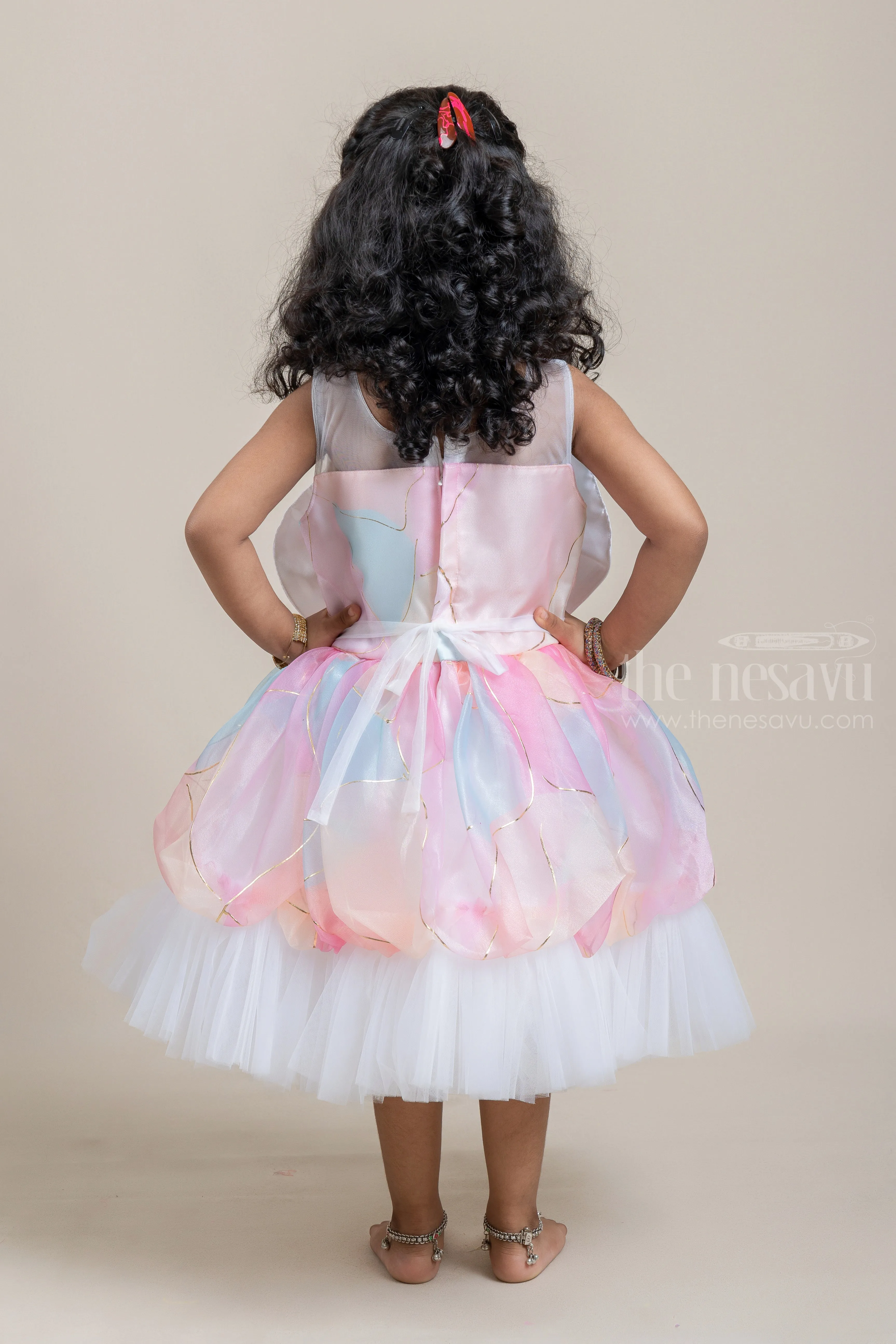 Dazzling Flared Pink Organza Party Wear Frock For Baby Girls