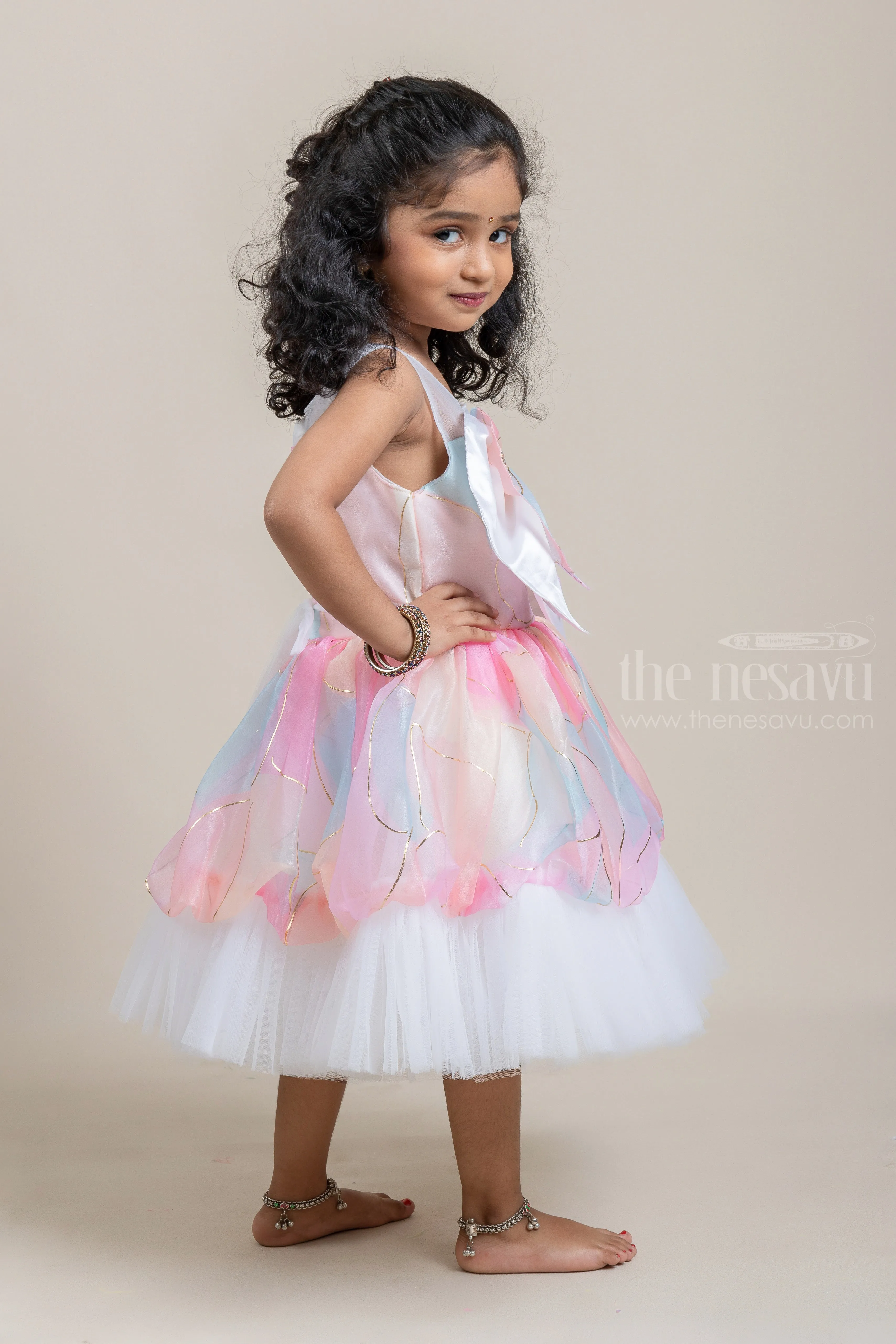 Dazzling Flared Pink Organza Party Wear Frock For Baby Girls