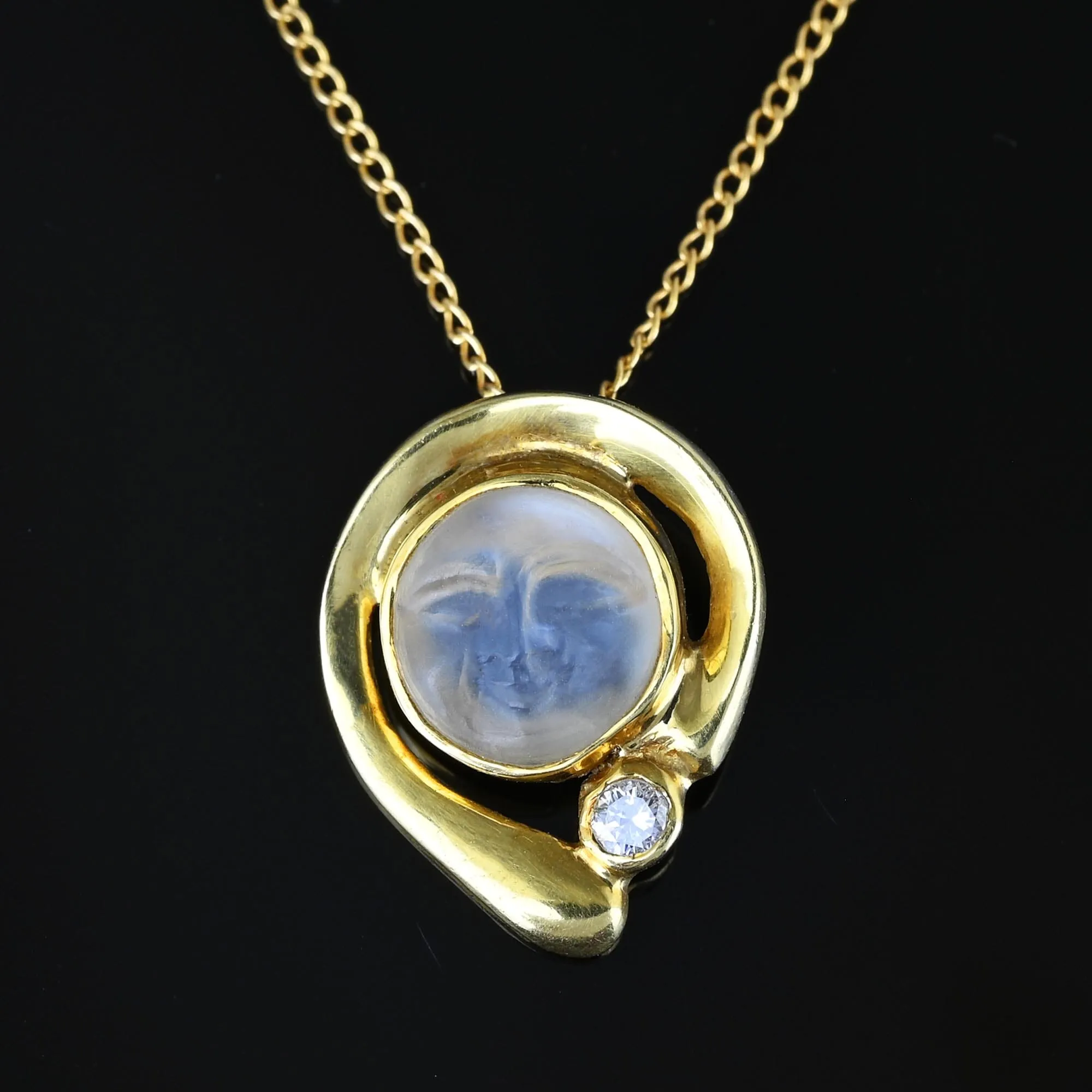 Diamond 18K Gold Man In The Moon Moonstone Pendant