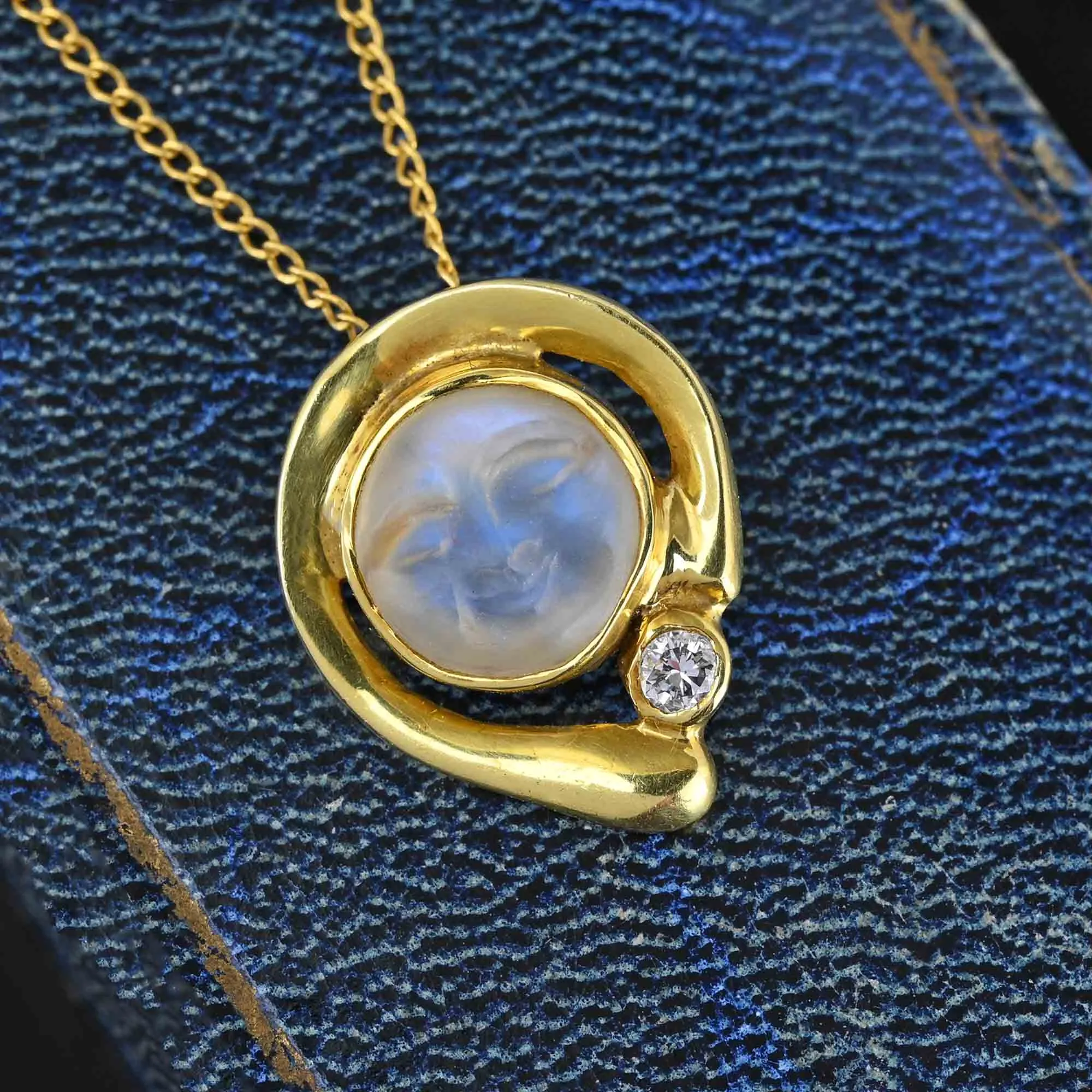 Diamond 18K Gold Man In The Moon Moonstone Pendant