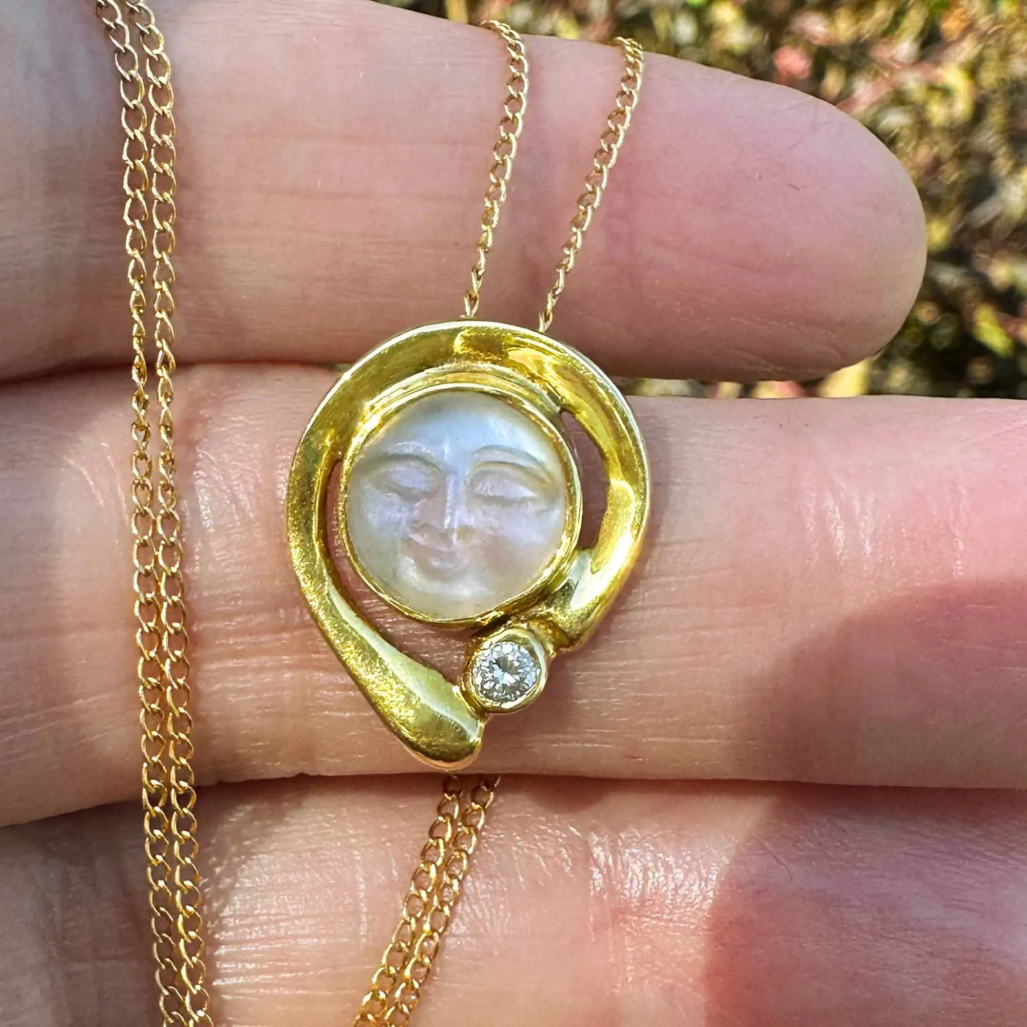 Diamond 18K Gold Man In The Moon Moonstone Pendant