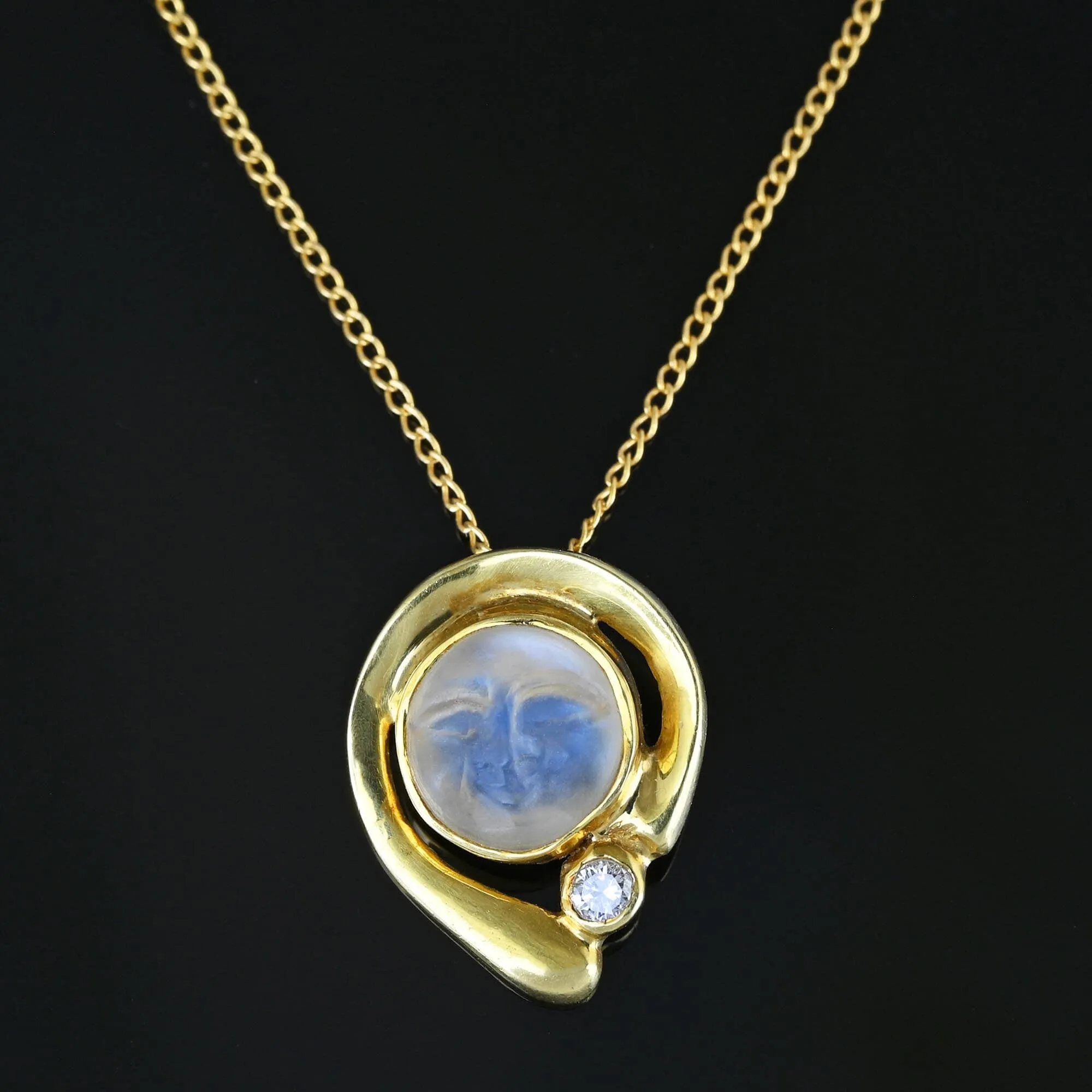 Diamond 18K Gold Man In The Moon Moonstone Pendant