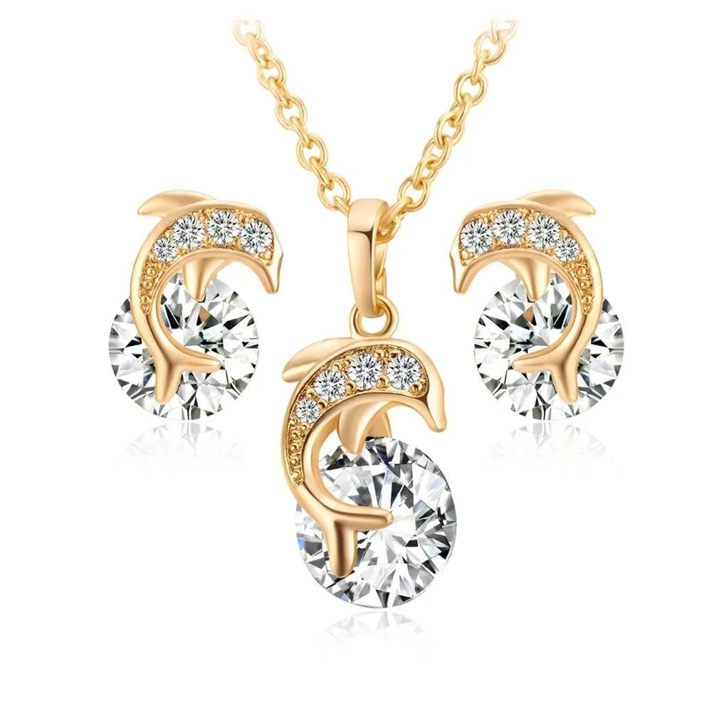 Dolphin Necklace Pendant Rhinestone Earring Studs For Women