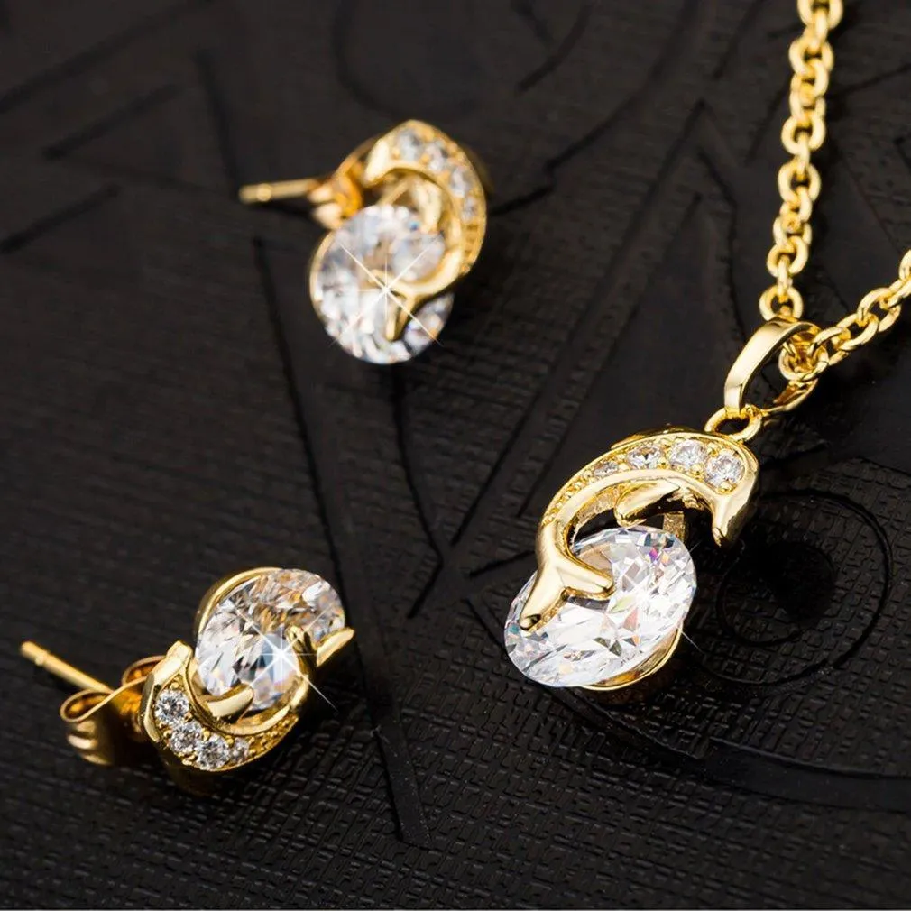 Dolphin Necklace Pendant Rhinestone Earring Studs For Women