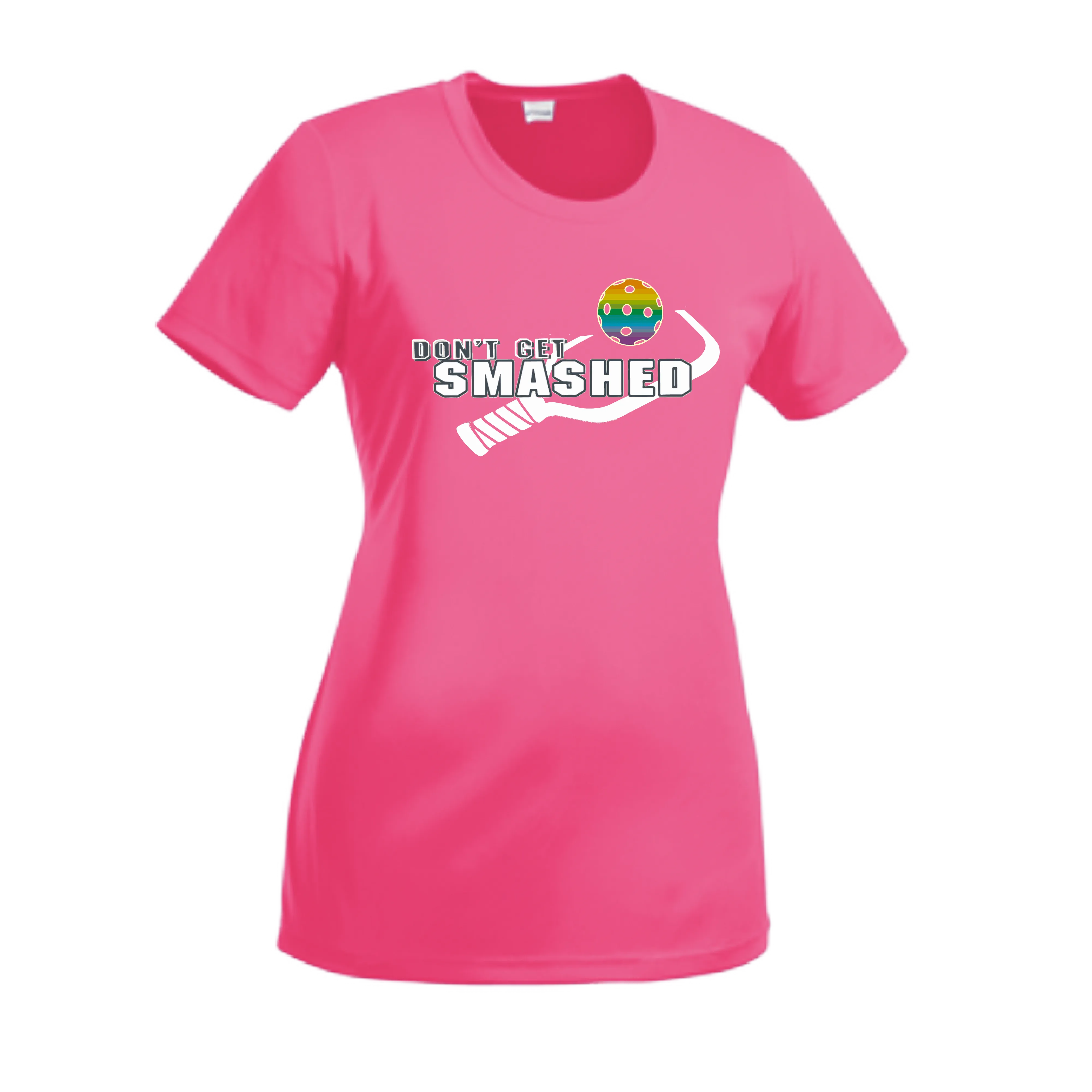 Don't Get Smashed With Pickleballs (Red Green Rainbow) Customizable | Women’s Short Sleeve Crewneck Athletic Shirts | 100% Polyester