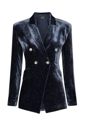 Double-Breasted Velvet Jacket in Sparkle Navy Blue Velvet - Imogen