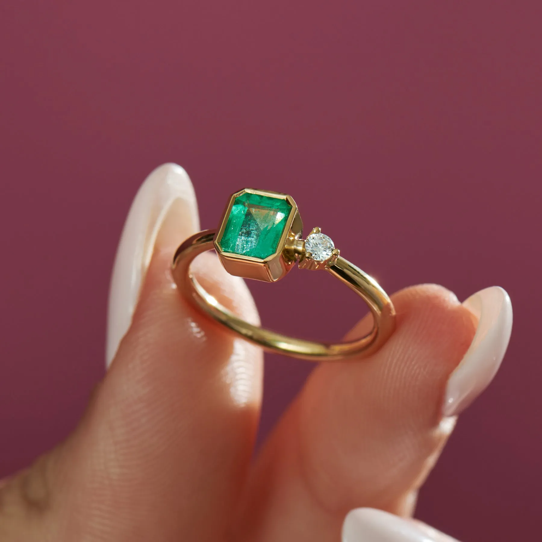 Emerald Engagement Ring with A Small Diamond - Asymmetric Emerald Ring