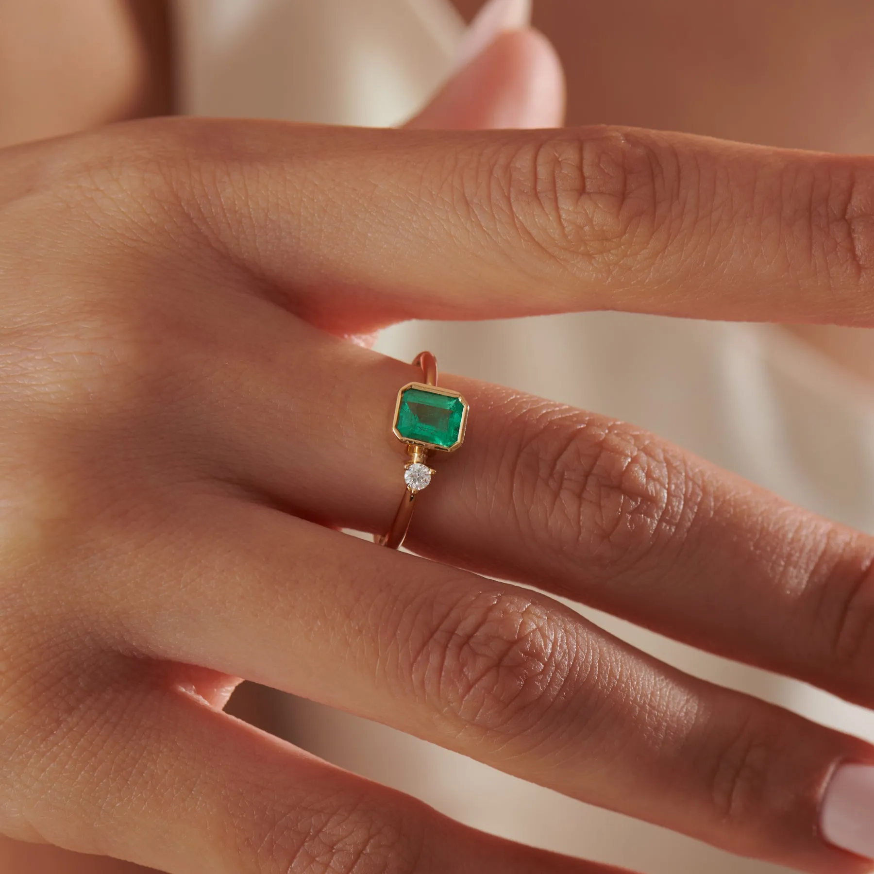 Emerald Engagement Ring with A Small Diamond - Asymmetric Emerald Ring