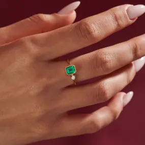 Emerald Engagement Ring with A Small Diamond - Asymmetric Emerald Ring