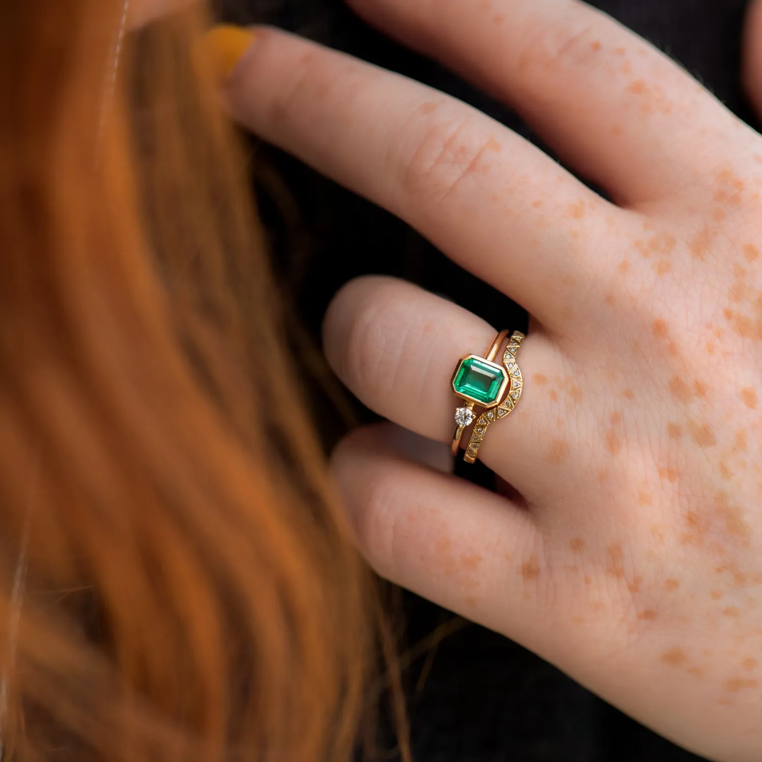 Emerald Engagement Ring with A Small Diamond - Asymmetric Emerald Ring