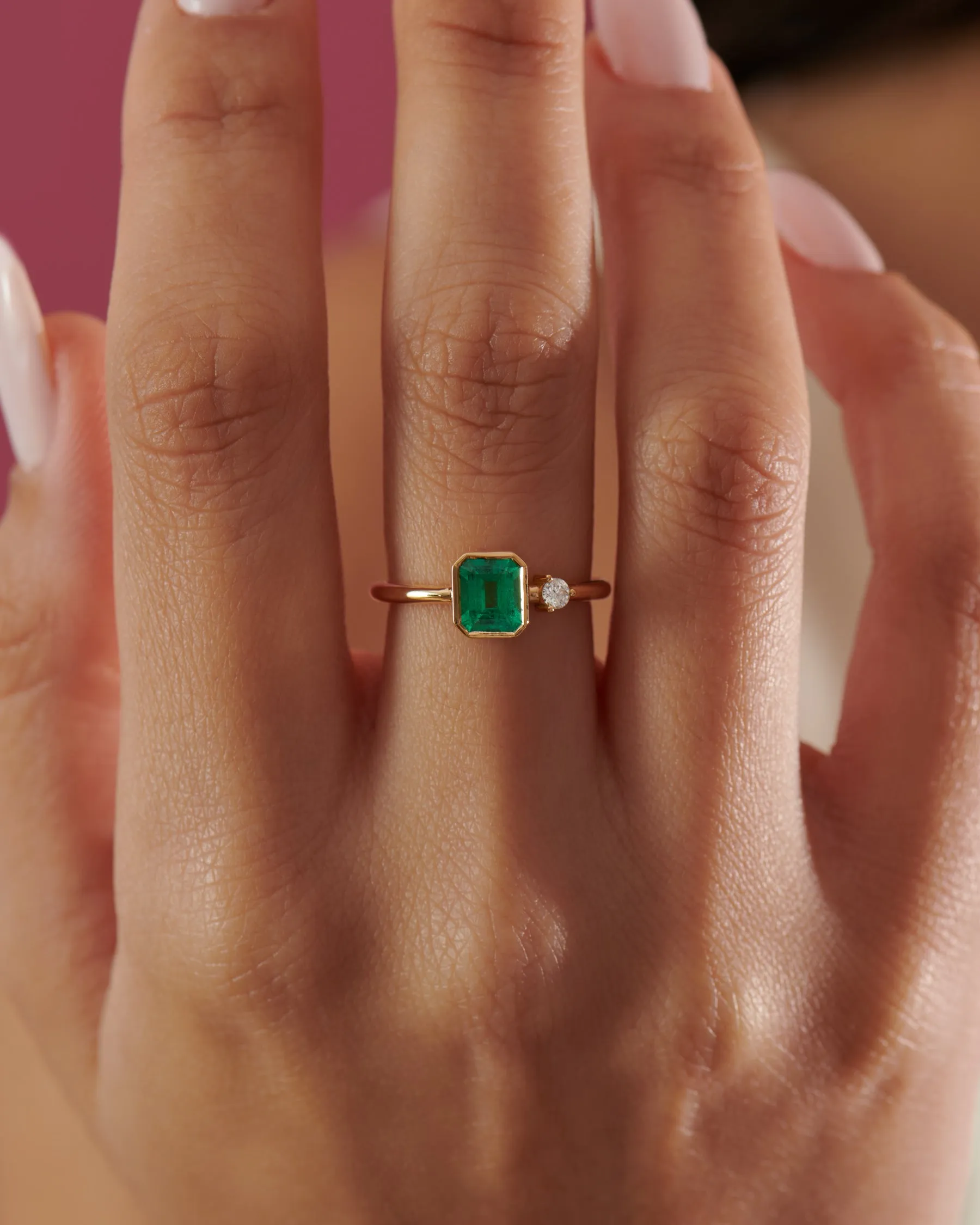 Emerald Engagement Ring with A Small Diamond - Asymmetric Emerald Ring