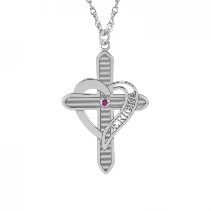 Engraved Heart Cross Necklace with Birthstone