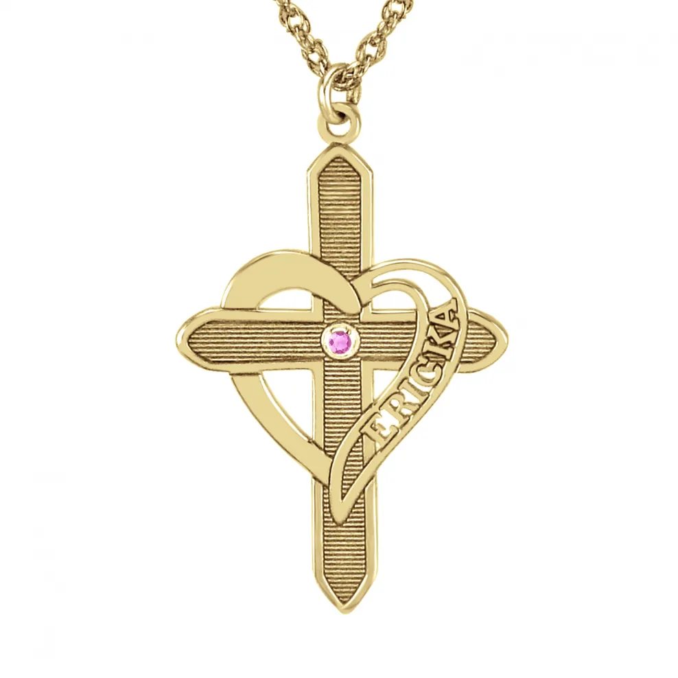 Engraved Heart Cross Necklace with Birthstone