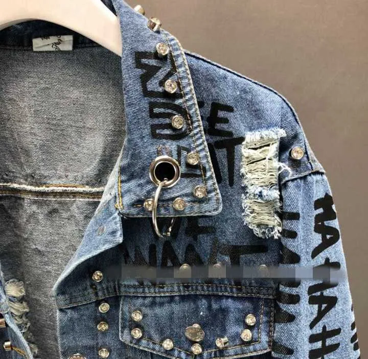 Fashion Street Rhinestone Studded Hand Graffiti Ripped Cropped Denim Jacket