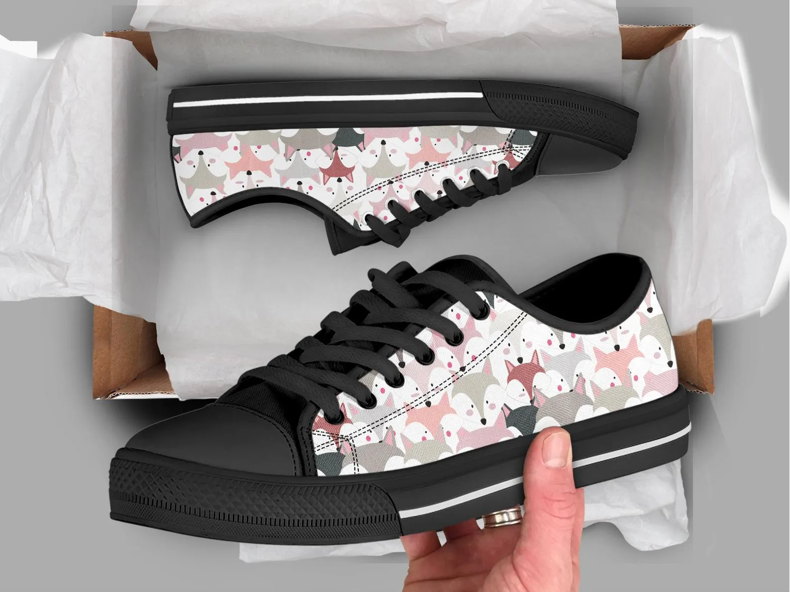 Fox Face Shoes Fox Sneakers Fox Print Pattern Cute Shoes Fox Lover Gifts Custom Low Top Converse Style Sneakers For Adults Women & Men