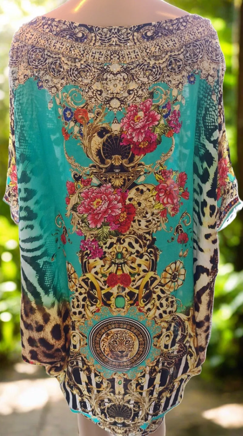 Garden Delight Aqua Batwing Silk Embellished Hi-low Kaftan/Top by Fashion Spectrum