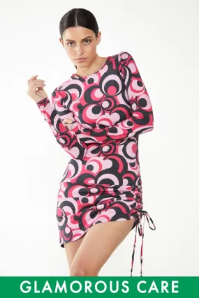 Glamorous Care Pink Circle Print Drawstring Ruched Mini Dress