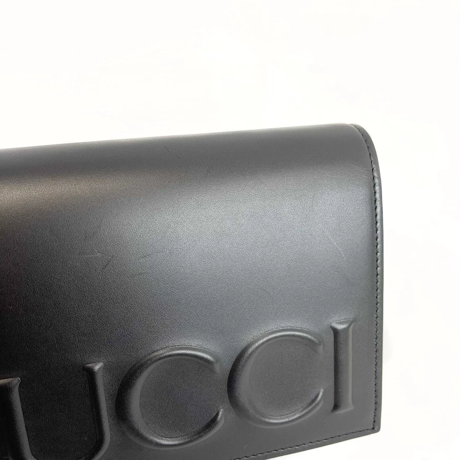 Gucci - Excellent - Embossed Black Leather Clutch w/ Removable Chain Strap - XL