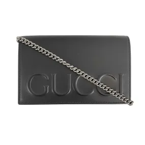 Gucci - Excellent - Embossed Black Leather Clutch w/ Removable Chain Strap - XL