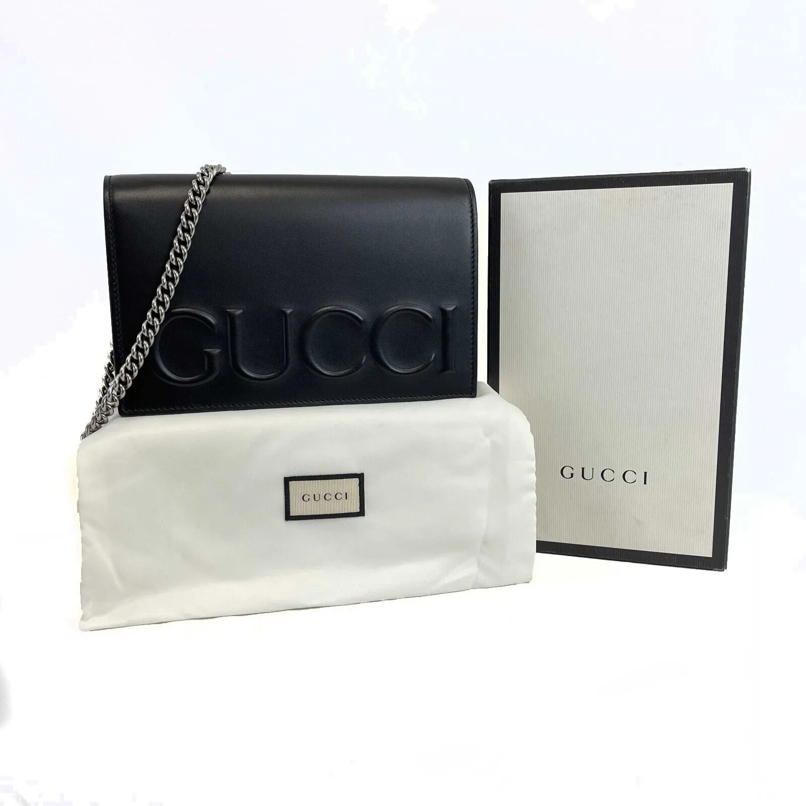 Gucci - Excellent - Embossed Black Leather Clutch w/ Removable Chain Strap - XL