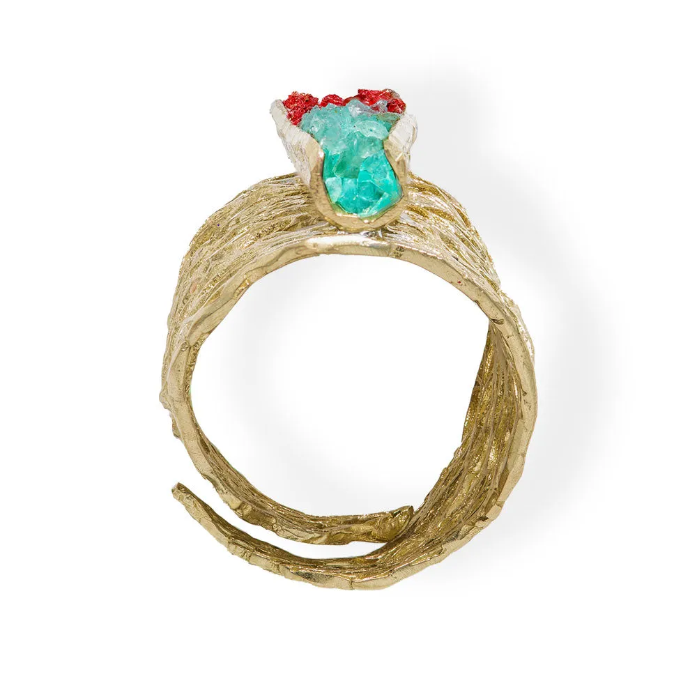 Handmade Gold Plated Ring Diamond Curved With Aqua & Magenta Crystals