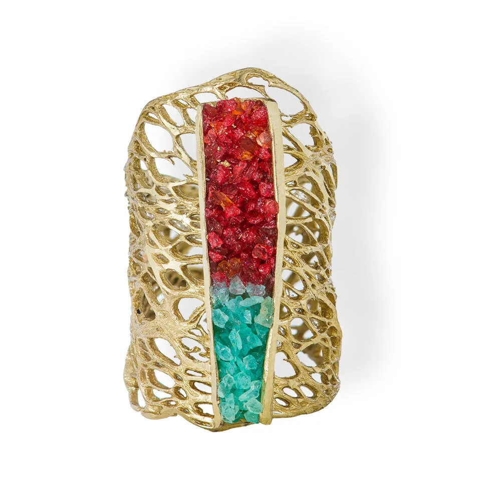 Handmade Gold Plated Ring Diamond Curved With Aqua & Magenta Crystals