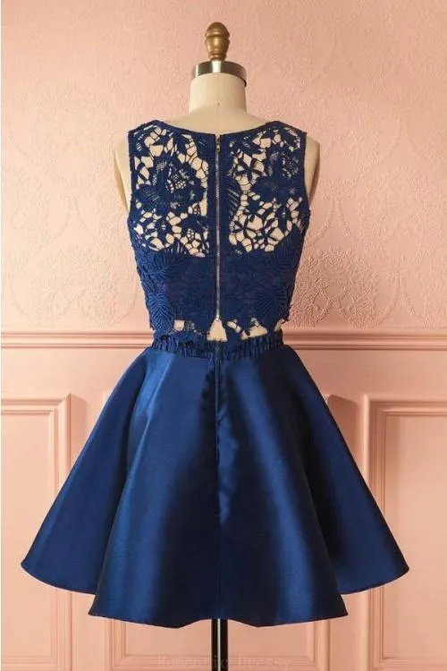 Impressive Two Piece Lace Round Neck With Appliques Homecoming Dresses