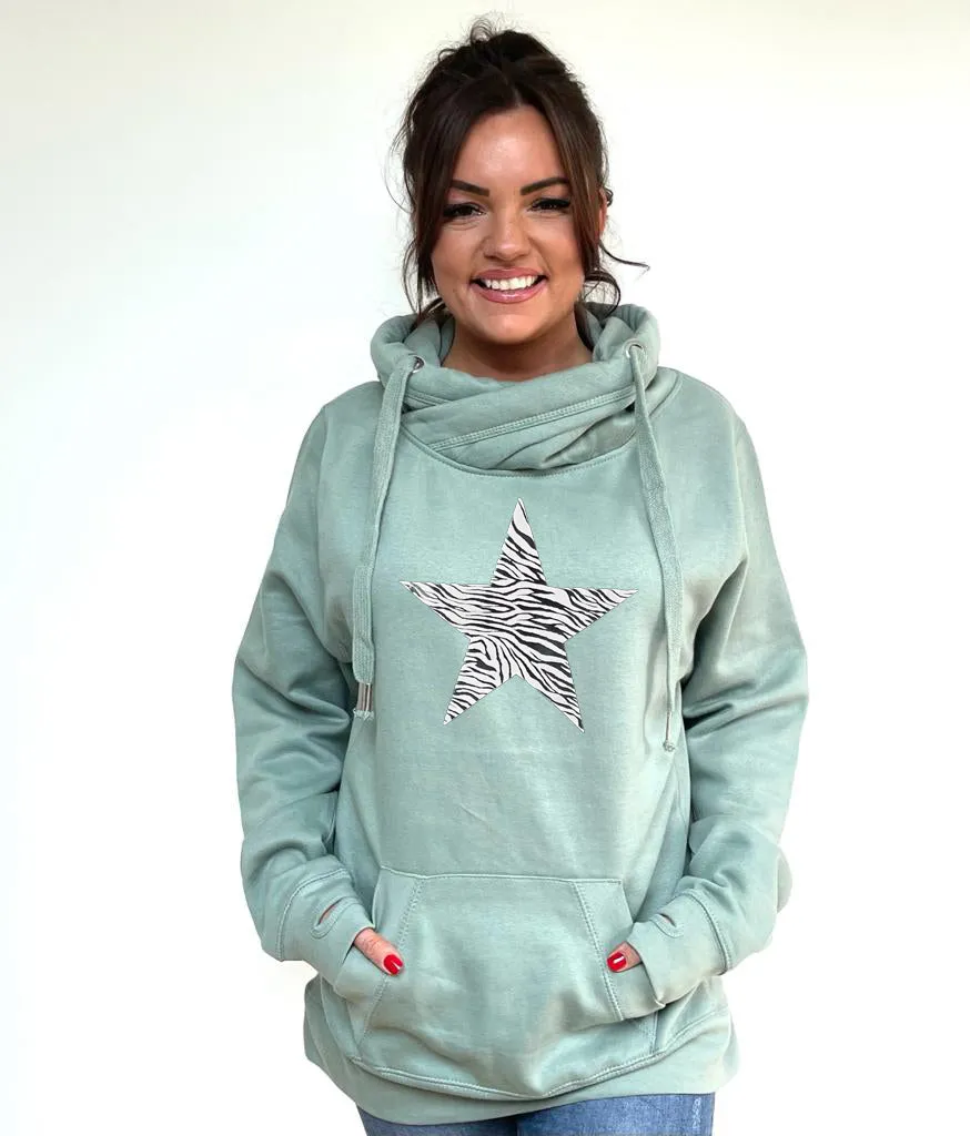 Luxury Cowl Neck Zebra Star Hoodie - Sage