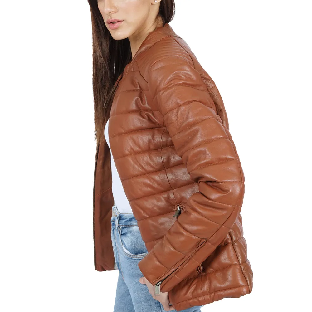 Penni Puffer Brown Leather Jacket