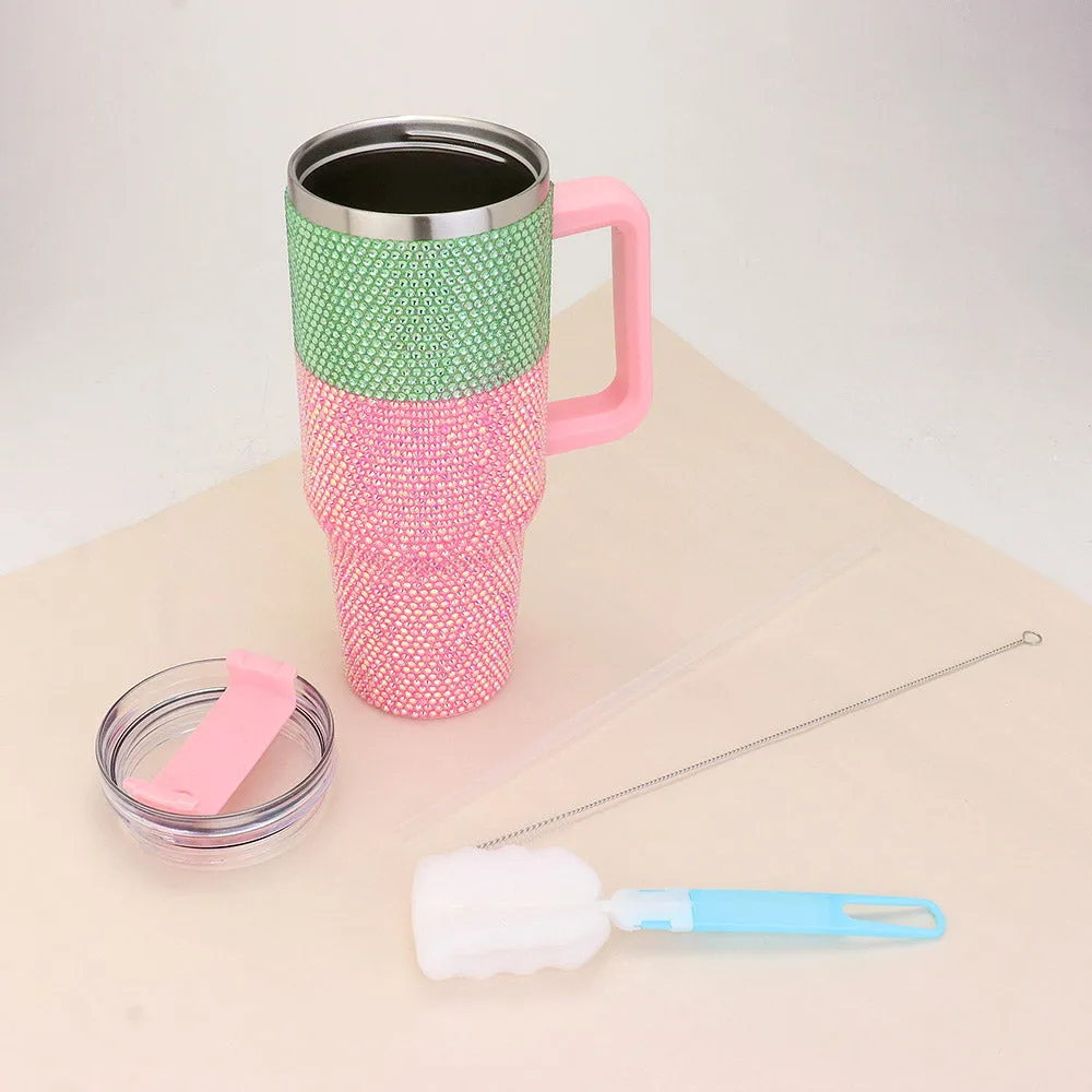 Pink and Green Glam Bling Studded Color block 40oz Stainless Steel Tumbler With Handle